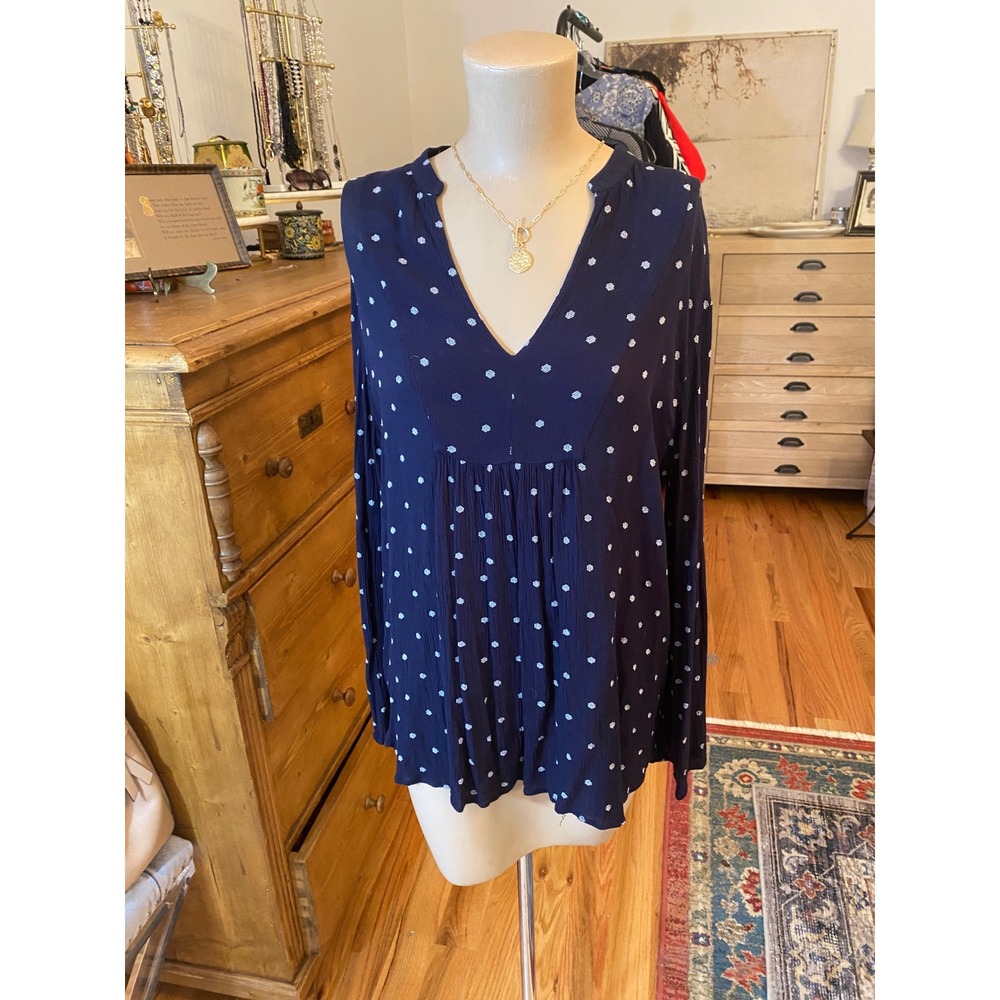 LOFT‎ Navy Blue Polka Dot V Neck Peasant Blouse Size Medium